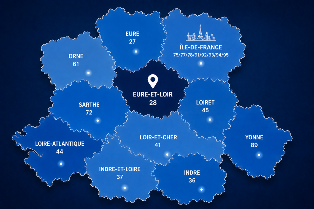 Zones d’intervention de Blue Ouest Animations en Eure-et-Loir et dans le Grand Ouest